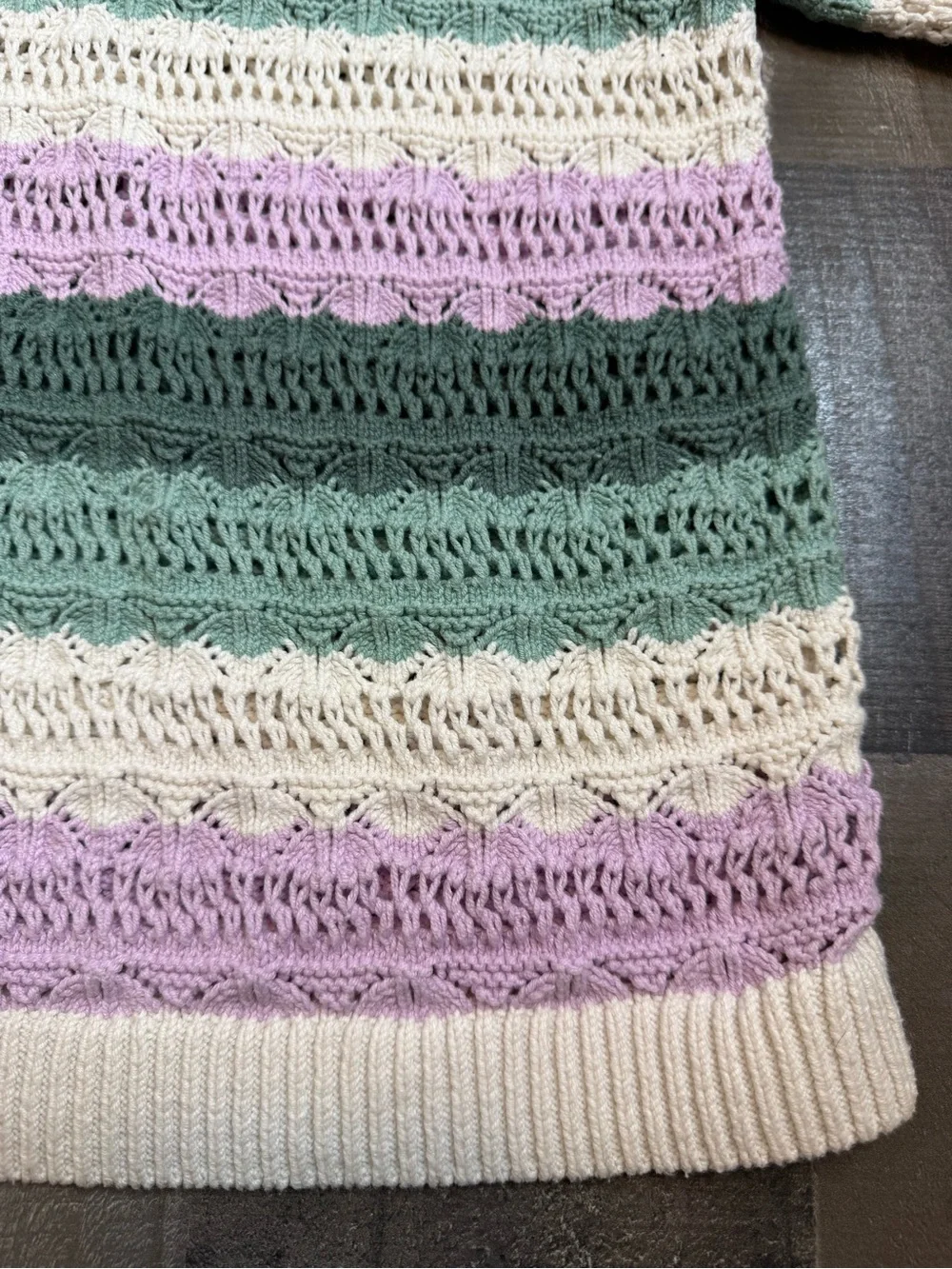 LOFT Striped Open-Knit V-Neck Sweater in Lavender, Green & White size Medium